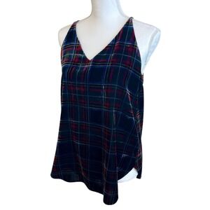 LOFT Holiday Plaid Velvet Tank Top Sleeveless V Neck Casual Party Top XS‎